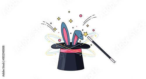 A classic magic trick with rabbit ears appearing out of a magician's top hat, surrounded by sparkles and a magic wand, for an entertainment show.