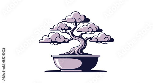 A stylized bonsai tree with a gracefully curved trunk and cloud-like foliage, potted in a traditional container, symbolizing harmony, peace, and zen.