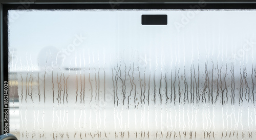 Steam on bus window with frost patterns during winter season  