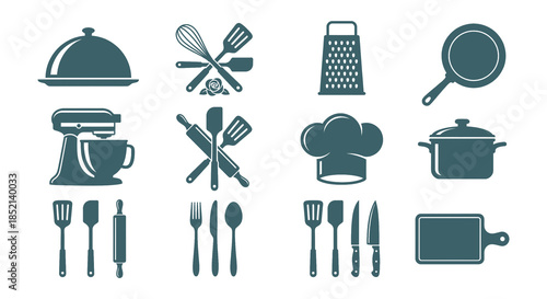 Assorted teal kitchen utensils and cooking equipment icons