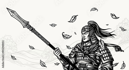 Ancient warrior holding spear ready for battle determined and focused.