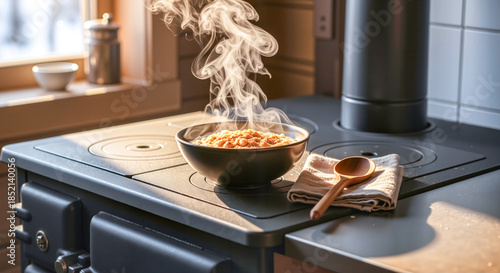 Steaming porridge in a bowl on stove with smoke in a cozy kitchen  