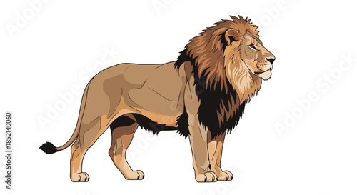 A majestic male lion with a full, dark mane stands proudly in a side profile view, showcasing the powerful and regal king of the jungle.