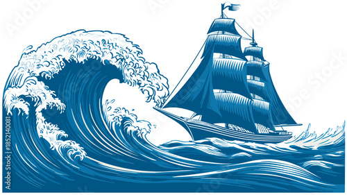 Vintage Tall Ship Illustration in Blue Navigating a Gigantic Crashing Ocean Wave on Rough Seas