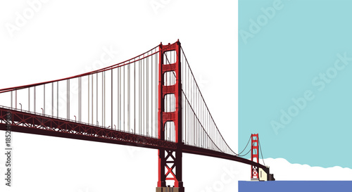 An iconic view of the majestic Golden Gate Bridge in San Francisco, presented in a minimalist, graphic art style against a simple sky and water background.