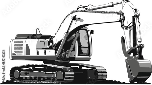 Vector illustration of a heavy construction excavator. Earthmoving machinery for digging, demolition, and site work.