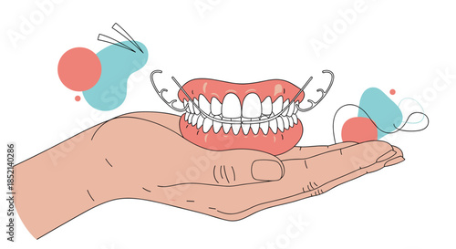 A human hand holds a set of removable dental retainers, illustrating an orthodontic appliance used for teeth alignment after braces, against abstract shapes.