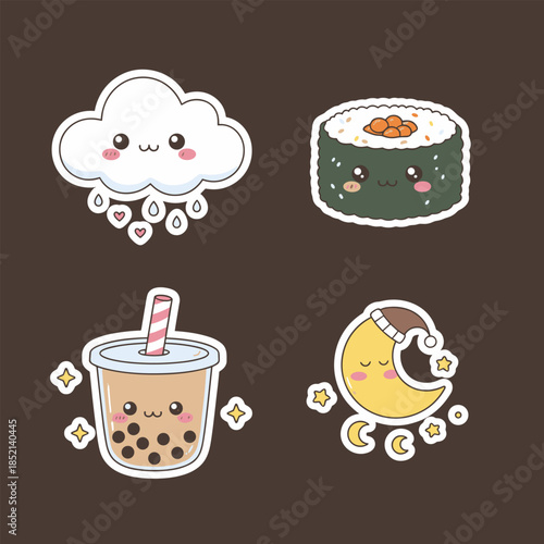 Kawaii Food and Weather Icons - Cute Cloud, Sushi, Boba Tea, and Moon.