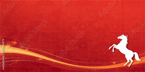 Vector illustration of a red and gold 2014 Year of the Horse Christmas card design featuring a decorative holiday frame with festive ornaments and ribbon texture on a celebration wallpaper