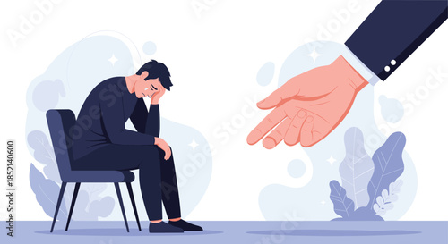 A large, supportive hand reaches out to a crying, depressed man sitting in a chair, symbolizing help, compassion, and mental health support.