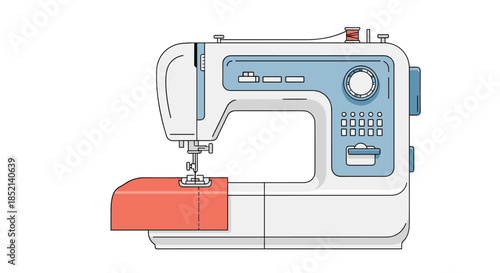 A modern, electronic sewing machine with a digital display and various buttons, ready for sewing a piece of red fabric, illustrating modern tailoring.