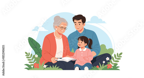 A loving grandmother reads a captivating storybook to her son and granddaughter while sitting together in a beautiful city park.