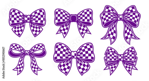 Set of purple checkered pattern ribbon bows decorative elements for gifts and celebrations on transparent background