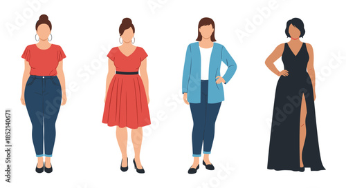 A diverse group of beautiful plus-size women with different body shapes and styles stand together in casual and formal attire.