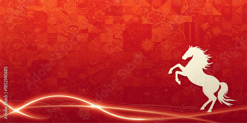 A red dragon horse stands against a grunge texture backdrop in this artistic Christmas holiday card illustration featuring gold stars and festive red heart patterns for a vector gift design