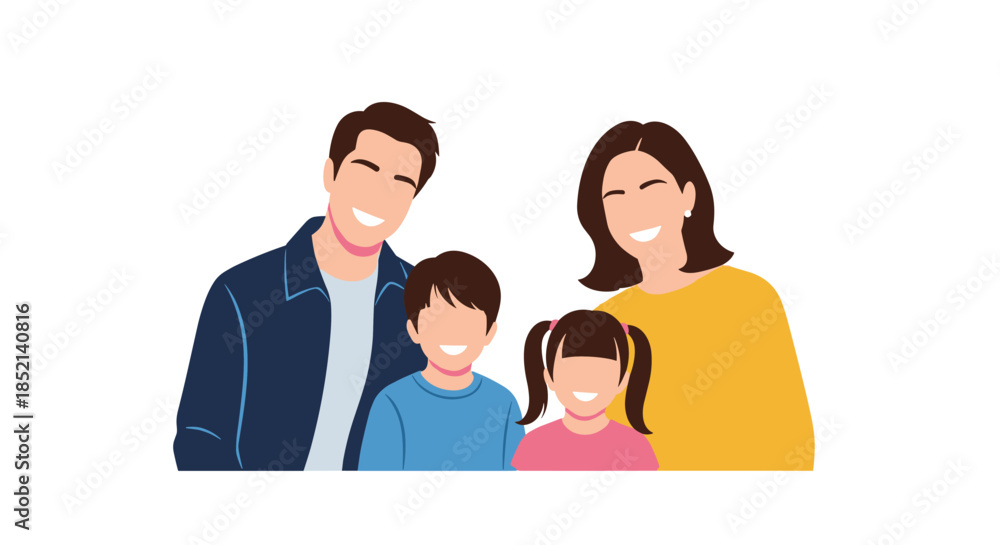Obraz premium A happy young family of four with a mother, father, son, and daughter smiling together in a loving portrait flat illustration.