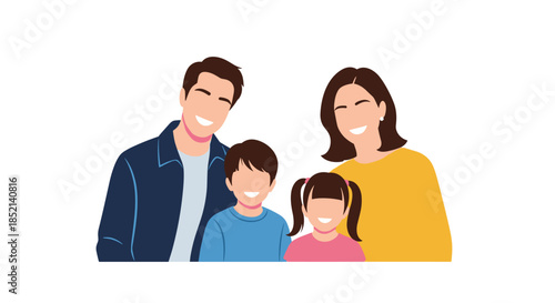 A happy young family of four with a mother, father, son, and daughter smiling together in a loving portrait flat illustration.