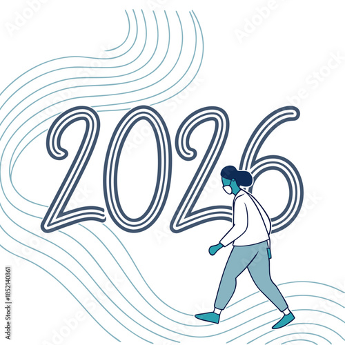 Person walking towards the year 2025 with wavy lines