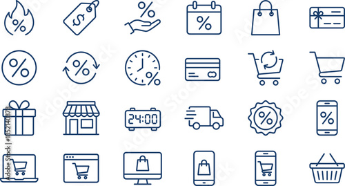 Shopping and discount outline icon set with sale percent ecommerce cart payment delivery symbols isolated vector illustration design