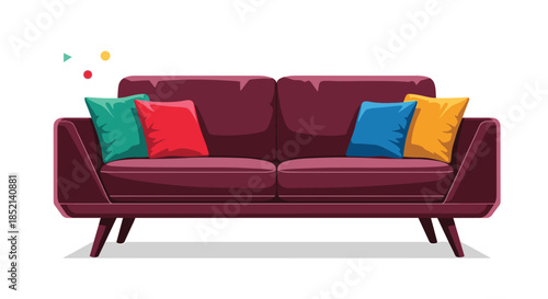 A modern and comfortable maroon sofa with five bright and colorful pillows, creating a vibrant and cozy seating area for any interior.