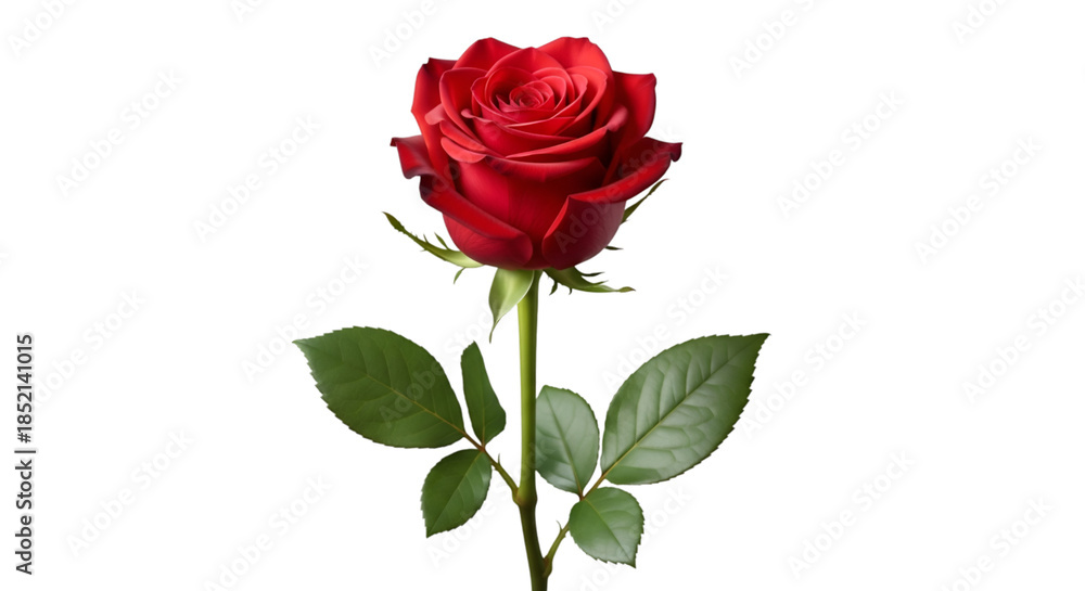 Fototapeta premium Red rose with green leaves on white background