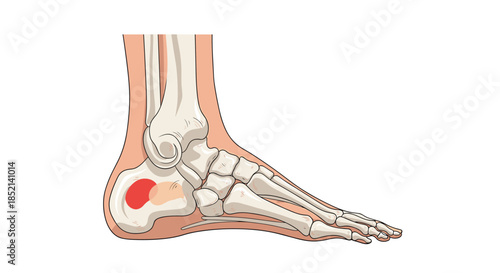 A medical illustration of the bones in the human foot and ankle, highlighting a painful red area on the heel indicating an injury.