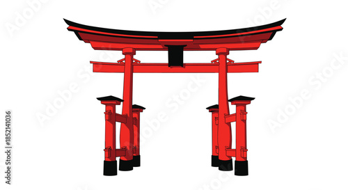 An iconic red and black Japanese Torii gate, a traditional Shinto shrine entrance, isolated on a white background for cultural designs.
