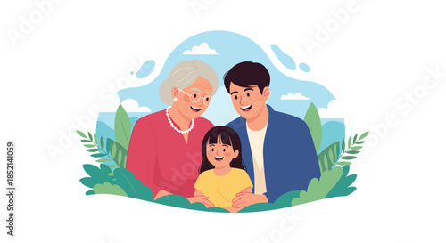 A happy three-generation family with a grandmother, father, and young daughter smiling and bonding together outdoors among leaves.