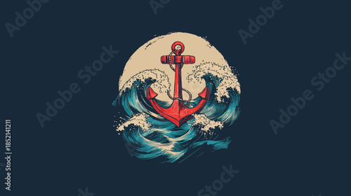 Stylized Red Anchor Graphic Amidst Crashing Ocean Waves Under a Moonlit Sky - Nautical Sea Adventure Illustration