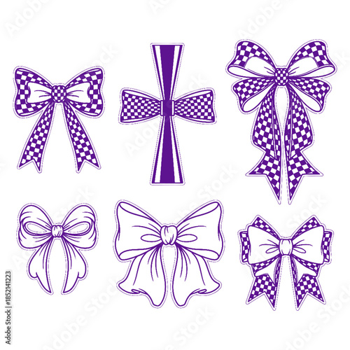 Set of purple outline checkered pattern ribbon bows and cross design elements on transparent background