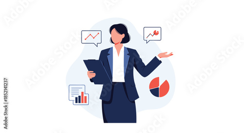 A professional businesswoman in a suit presents a business report, analyzing data with charts and graphs for a presentation.