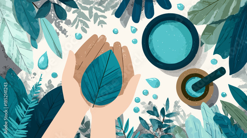 Sustainable beauty concept: Hands hold a vibrant green leaf amidst water droplets, natural ingredients, and lush foliage