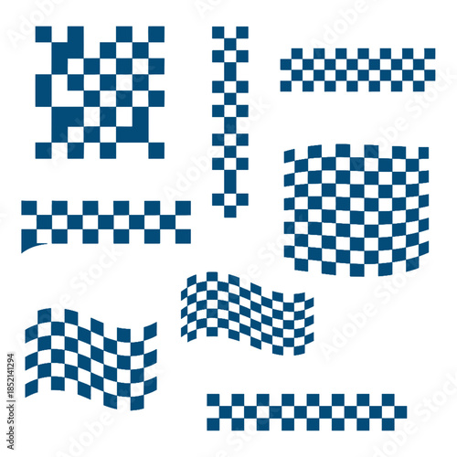 set of blue checkered flags and patterns on transparent background