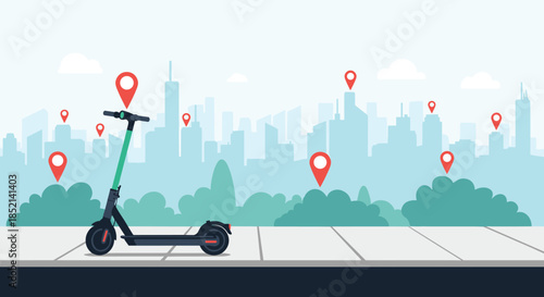 An electric scooter sharing service concept with a scooter parked on a city sidewalk and map pins indicating rental locations.