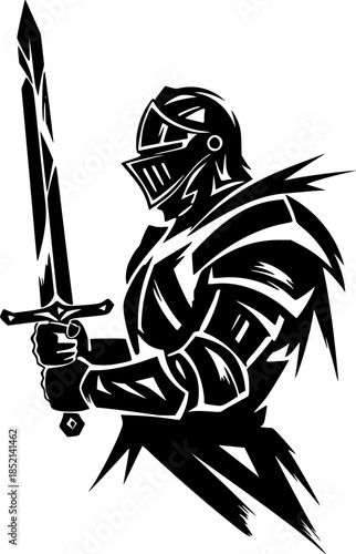 Intricate Silhouette of a Knight Holding a Sword with Dramatic Ink Brush Strokes and Design
