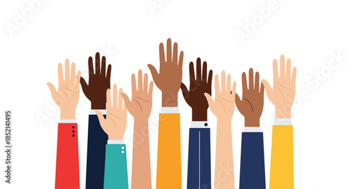 A diverse group of raised hands with different skin tones, symbolizing unity, volunteerism, participation, and racial equality.