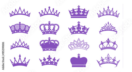 group of purple crowns and tiaras on transparent background