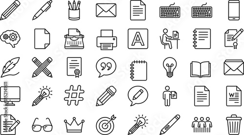Writing and content creation outline icon set with pencil document keyboard email creativity symbols isolated vector illustration design elements collection