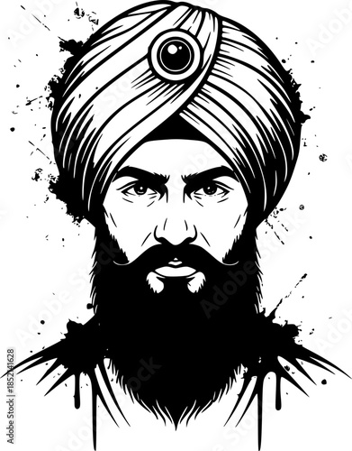 Illustration of a bearded man in a turban with a splash effect, artistic portrait
