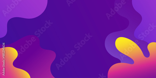 Abstract purple background with vibrant fluid liquid shapes in yellow and orange, featuring a modern colorful aesthetic for creative digital marketing banners and social media posts.