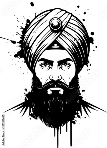 Illustration of a bearded man in a turban with a splash effect, artistic portrait

