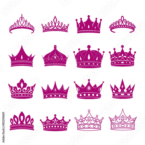 collection of pink princess crowns on transparent background