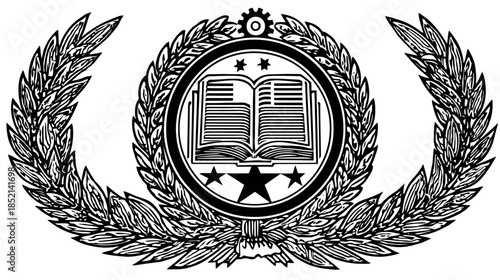 Vintage academic emblem with open book, stars, and laurel wreath illustration, black and white heraldic crest design