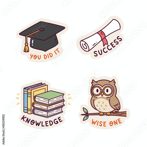 Graduation and Education Stickers - Cap, Diploma, Books, and Wise Owl.
