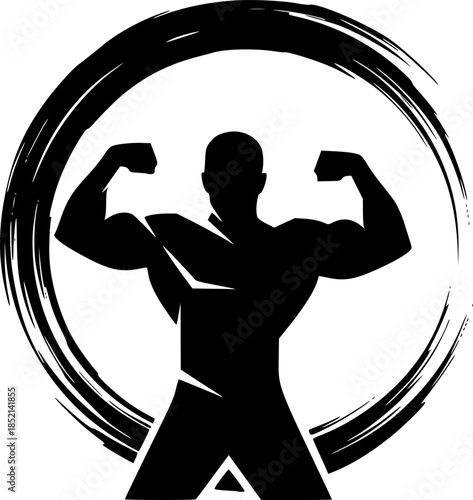 Silhouette of a strong man with abstract brush stroke circular design
