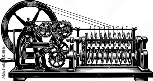 Detailed woodcut illustration of a vintage silk reeling machine