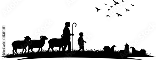 Artistic Silhouette Depicting a Shepherd Guiding Sheep and a Child with Birds in the Sky
