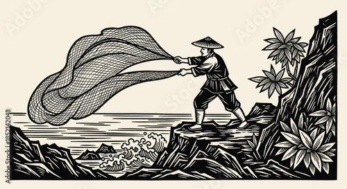 Fisherman casting net in traditional woodcut style.