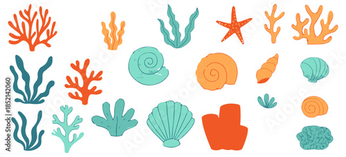 Underwater Coral Collage – Marine Shells, Seaweed & Ocean Icons in Tropical Style
