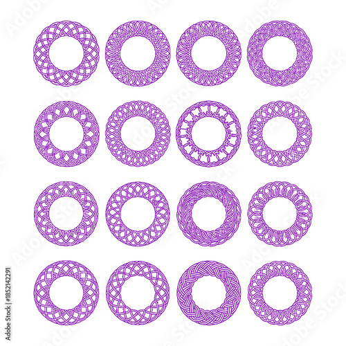 Set of purple decorative mandalas, vector geometric circle ornament with woven intricate patterns isolated on transparent background